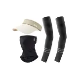 Черные охлаждающие рукава с полосами + черные маски для лица + бежевая кепка с козырьком