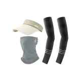 Черные охлаждающие рукава с полосами + серые маски для лица + бежевая кепка с козырьком