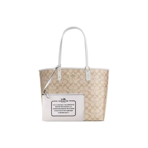 COACH Canvas с кожаными вставками Тоут Сумка Сумка для покупок Комбинированная сумка Сумка Сумка через плечо Большая Женская Белая и Хаки с монограммой