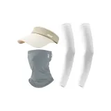 Белые охлаждающие рукава с полосами + серые маски для лица + бежевая кепка с козырьком