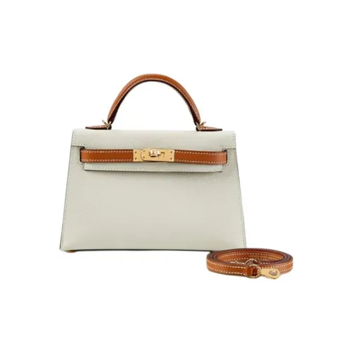 HERMES Mini Kelly 2nd Generation Эпсом Кожа Сумка Kelly Сумка через плечо Женская Молочный Белый и Золотисто-Коричневый