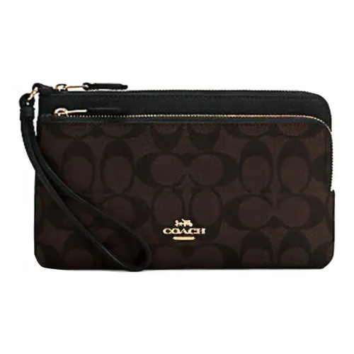 COACH Double Zip Wallet Кожа Панелированная Холст Клатч Картхолдер Кошелек Средний Женский Черный Монограмма
