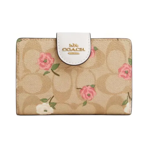 COACH Corner Zip Покрытый холст с кожаными вставками Кошелек Мини Женский Золотой Светлый хаки Меловый разноцветный