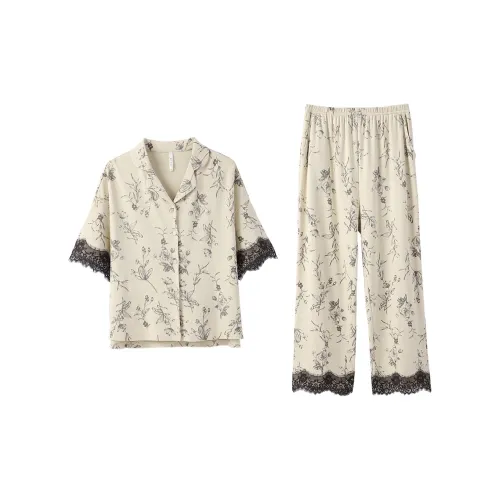 Aannsfam Pajama Комплект Женский Кремовый Абрикосовый Желтый