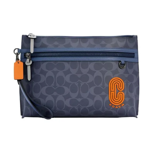 COACH Pouch Покрытый холст с телячьей кожей ноутбук сумка портфель клатч большой мужской полночный синий