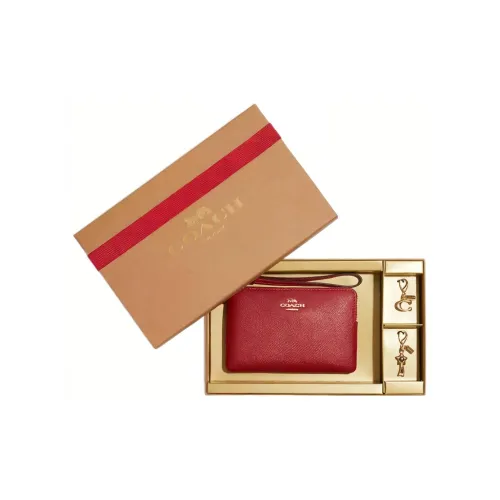 COACH Corner Zip Крестообразная текстура Кожа Запястье Сумка Клатч Маленький Женский Красный