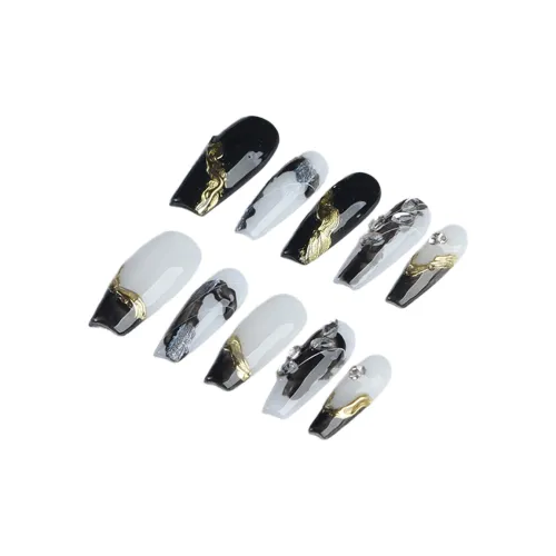 Yun Yue Joe Новый китайский стиль Новый китайский стиль Rhinestone Color Block False Nail Средний LADDER Черный Smudge Металл