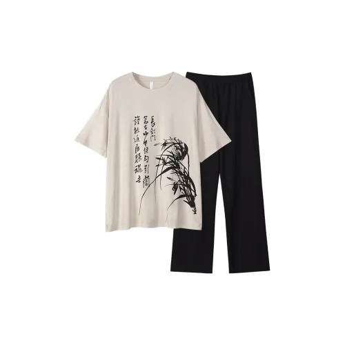 Same Language Пижамный комплект Летний Женский Абрикос Серый Чернила Черный