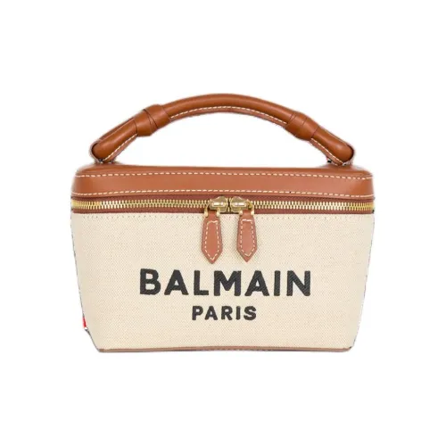 BALMAIN B Army Холст с кожей Сумка из холста Makeup Bag Женские Коричневый Бежевый