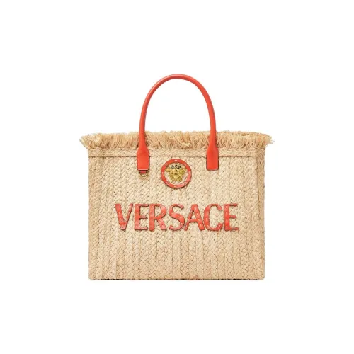 VERSACE La Medusa Солома с Коровьей Кожей Тоут Сумка Сумка для покупок Сумка Женская Бежевая