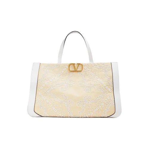 Valentino Vlogo Холст с кожей Комбинированный Canvas Сумка Тоут Сумка Сумка для покупок Сумка Женская Песочный