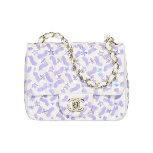 CHANEL Вышитая версия Шелковый атлас с Блестками Сумка с клапаном Сумка через плечо Сумка на плечо Женская Фиолетовая и Белая