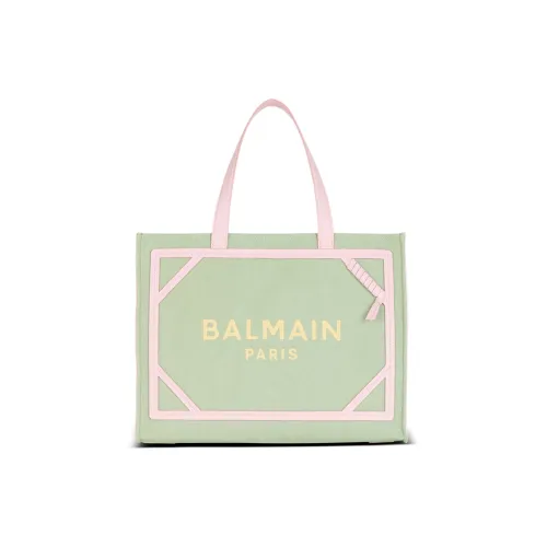 BALMAIN B Army Холст с кожей Сумка из холста Тоут Сумка Сумка для покупок Сумка среднего размера Женская Зеленая и Розовая