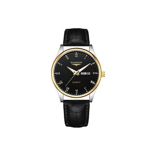 GUANQIN DS11006.JHH Кварцевый механизм Естественная кожа Ремешок Часы Мужские Черный циферблат