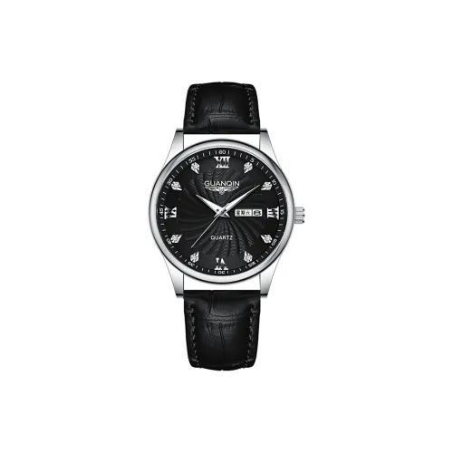 GUANQIN DS80007 6A.BHH Кварцевый механизм Естественная кожа Ремешок Часы Мужские Черный циферблат