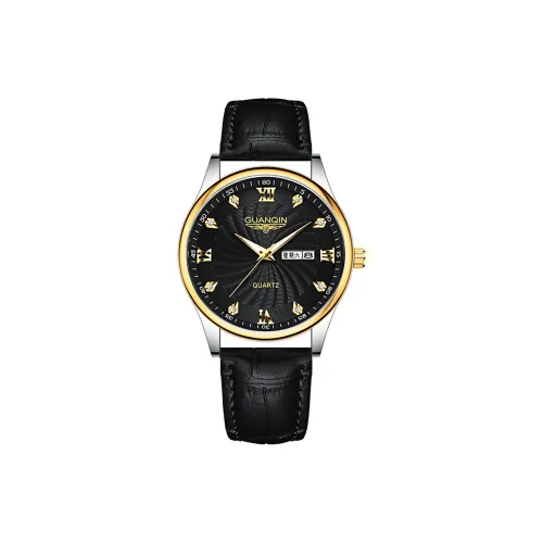 GUANQIN DS80007 6A.JHH Кварцевый механизм Естественная кожа Ремешок Часы Мужские Черный циферблат