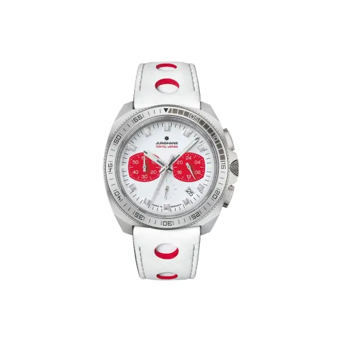 JUNGHANS Кварцевый механизм Мужские часы Часы 43,3 мм Белый циферблат Нержавеющая сталь Корпус часов Кожаный ремешок из коровьей кожи