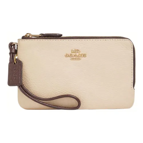 COACH Double Zip Wallet Полированная кожа с эффектом галечника Клатч Запястье Сумка Маленький Женский Айвори Белый