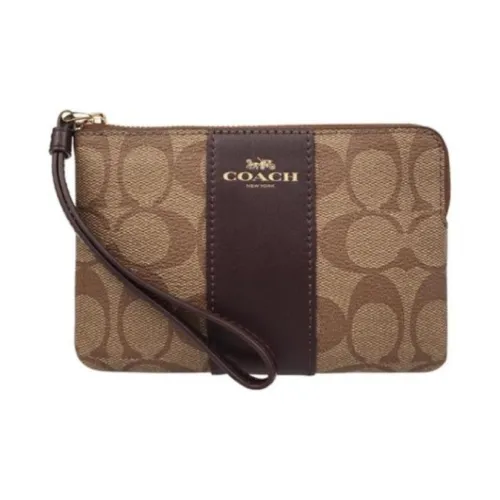 COACH Corner Zip Холст и Кожа Кошелек для монет сумка на запястье клатч женский темно-коричневый