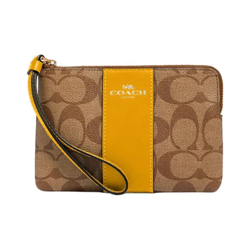 COACH Corner Zip Подпись Покрытый холст с саржевым узором кожа детали запястье сумка-клатч маленькая женский хаки и охра