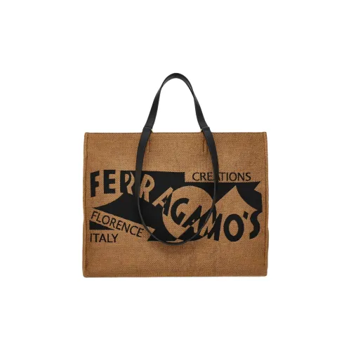 FERRAGAMO Raffia Телячья кожа Тоут Сумка Сумка для покупок Сумка через плечо Сумка Большая Женская Мед Черный