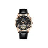 Розовый корпус, черный циферблат, черная кожа