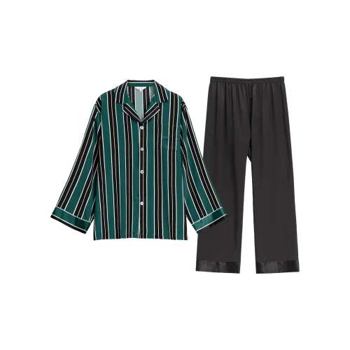 Комплект пижам из шелка Silk Boundary мужской зеленые полосы