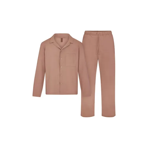 SKIMS Хлопковый поплин Сон MENS Длинный Сон Набор Комплект Пижама Мужской Умбра Коричневый