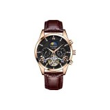 Розовый корпус, черный циферблат, коричневая кожа