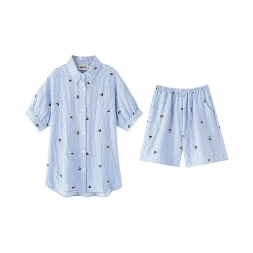 Wabi Town 100% хлопок Короткий рукав Рубашка Минималистский стиль Нишевый Домашняя одежда и Пижамы Комплект Женский Синий