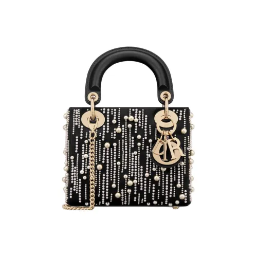 DIOR Lady Dior Смола Бусина Вышивка Сатин Тоут Сумка Сумка для покупок Сумка Мини Женская Черная