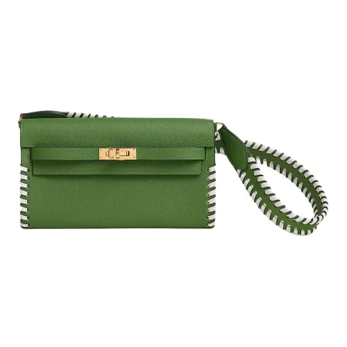 HERMES Kelly To Go Эпсомская кожа с Swift Телячья кожа Кошелек Женские Шелк Сине-зеленый Новый белый