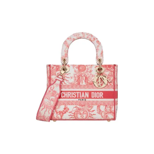 DIOR LADY D Лайт SOLEIL Jouy Принт Вышивка Сумка Lady Dior Сумка через плечо Сумка среднего размера Женская Коралловый