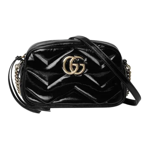 GUCCI GG Marmont Лоскутное шитье V-образный узор Лакированная кожа Сумка через плечо Маленькая Женская Черная