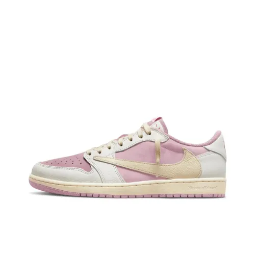 Travis Scott x Jordan Air Jordan 1 Slip-resistant Abrasion-resistant Low Top Vintage Basketball Shoes Men's Pink White Travis Scott x Jordan Air Jordan 1 Slip-resistant Abrasion-resistant Низкий Топ Винтажные Баскетбольные Кроссовки Мужские Розовый Белый