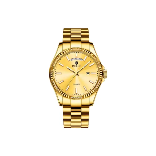 RUIGE Кварцевый механизм Мужские часы Золотой циферблат