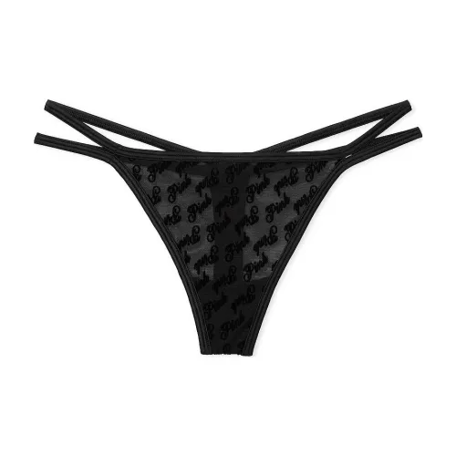 Victoria's Secret Розовый Логотип Сетка Strappy Стринг PANTY Чисто Черный Нижнее белье Женское 1 Пачка Чисто Черный