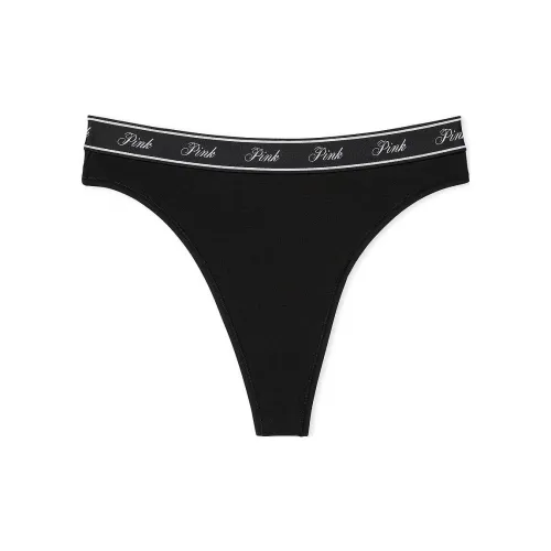 Victoria's Secret Розовый Логотип Хлопок HIGH Обхват талии Стринг PANTY Чисто Черный Женские Нижнее белье 1 Пачка Чисто Черный