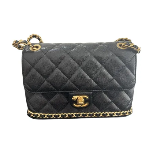 CHANEL Сумка с клапаном из икорной коровьей кожи Tofu Bag Сумка через плечо Женская Черная