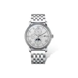 Серебряный корпус, белый циферблат, стальной ремешок.