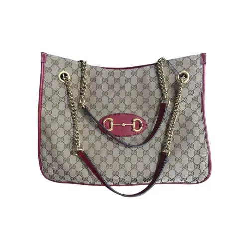 GUCCI Монограмма Телячья кожа Тоут Сумка Сумка для покупок Сумка Большая Женская Эбеновая и Красная