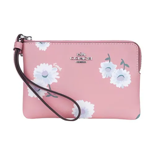 COACH Canvas с кожаными вставками Кошелек Держатель для карт Клатч Кошелек для монет Сумка на запястье Маленькая Женская Цветок Вишни Розовый