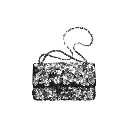 CHANEL Classic Flap CF Вышитый Бархат с Блестками Металлическая Сумка через плечо Сумка через плечо Сумка Женская Черная Серебряная