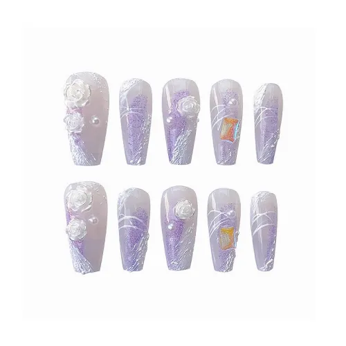 Meow Man A Моне'S Цветочный дизайн Фиолетовый AROMA Девичий False Nail MID Длина (размер в длину) Фиолетовый Однотонный