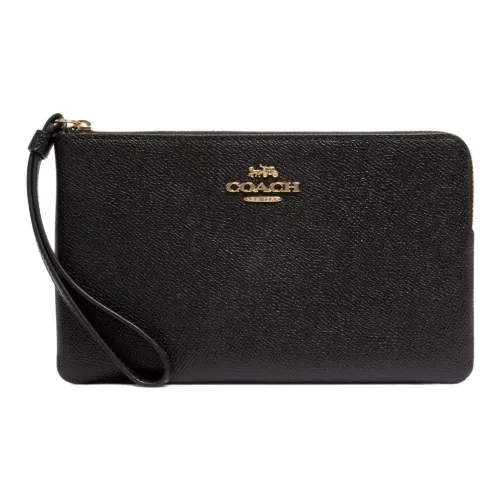 COACH Corner Zip Крестообразная текстура Кожа Запястье Сумка Клатч Маленький Женский Золотой Черный