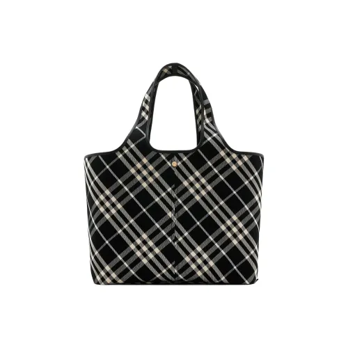 Burberry Хлопок с Ткань Гладкая Телячья Кожа Тоут Сумка Сумка для покупок Сумка среднего размера Женская Черная и Калико