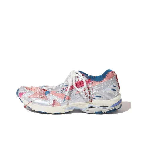 KUON X Sashiko GALS x Mizuno Wave Rider 10 Противоскользящий устойчивый к истиранию Низкий топ Повседневная обувь Унисекс Серебристо-розовый