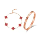 Браслет с кулоном в виде четырехлистного клевера, цепочка, красный