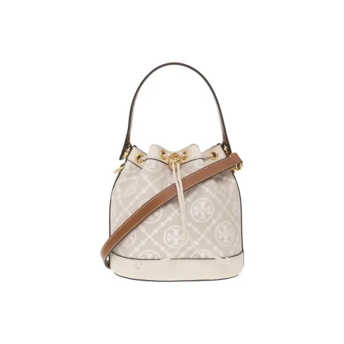 TORY BURCH T Monogram Жаккард С кожаными вставками Комбинированная Сумка-ведро Портативная Сумка через плечо Сумка через плечо Женская Миндально-белая