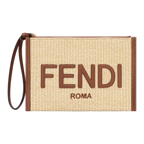 FENDI Peekaboo Рафия с Телячья кожа и Хлопок с Полиэстер Клатч Женские Бежевый